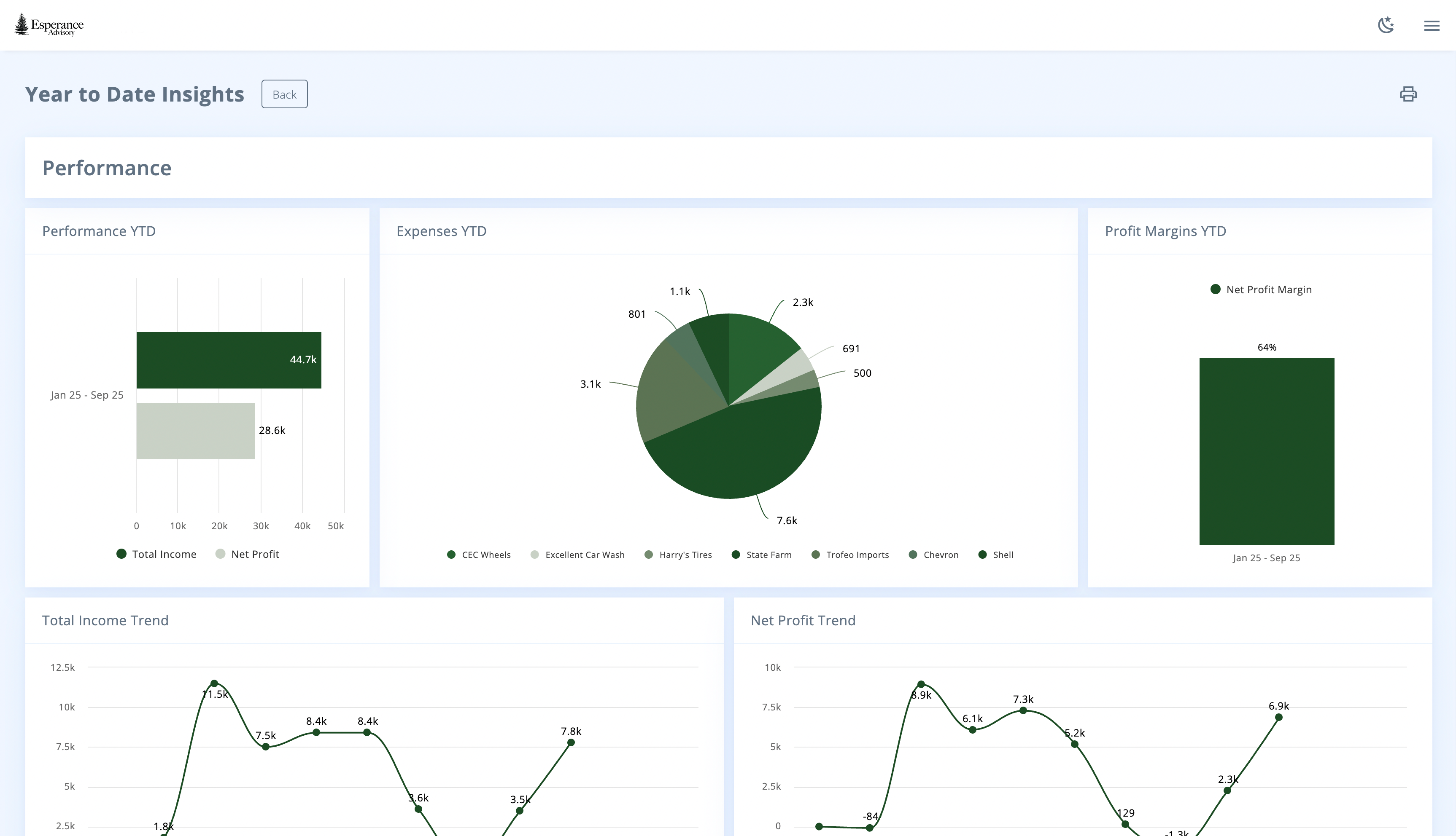 Example live data dashboard from Esperance Advisory showing year-to-date performance metrics, expense breakdowns, profit margins, and income trends.